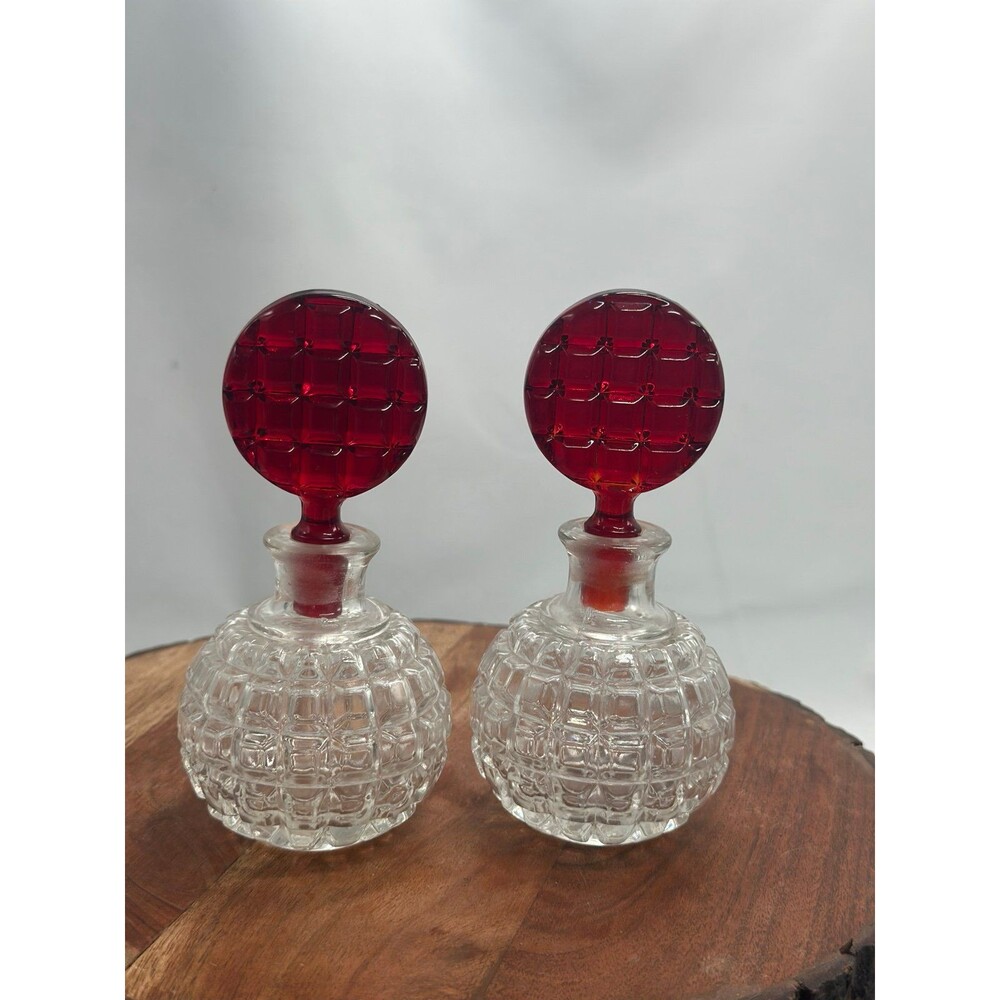 Pressed Glass Perfume Bottles w/ Ruby Red Basket Design Lollipop Stoppers